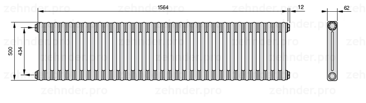 Схема (чертеж) Радиатор Zehnder Charleston 2050/34 №1270 Белый глянцевый RAL 9016